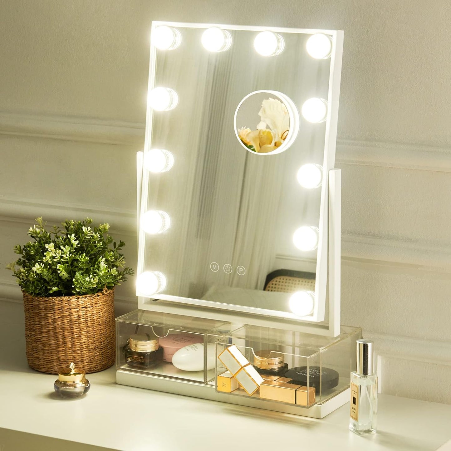 Makeup Vanity Mirror with Lights, Hollywood Makeup Mirror with Dimmable 12 LED Lights, Smart Touch with 3 Colors Adjustment and Rotation-Free